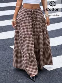 Muchica Falda larga plisada a cuadros marrón para mujer - Adecuada para uso casual diario, atuendos de vacaciones, estilo Y2K, looks de vuelta a la escuela y atuendos para conciertos. - Multicolor - Ver 4