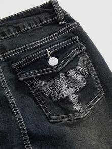 ROMWE Grunge Punk Women's Summer Outfits Punk Hot Girl Style Versatile Retro Pattern Embroidered Slim Fit Flare Jeans Light Blue - Dark Wash - View 4