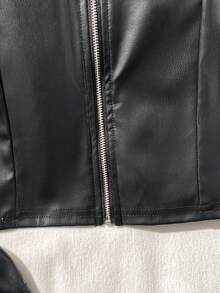 SHEIN Tween女孩童秋冬黑色翻領純色PU皮革短版休閒夾克，酷街頭風運動騎行拉鍊外套，百搭開學外套 - 黑色 - 查看 3