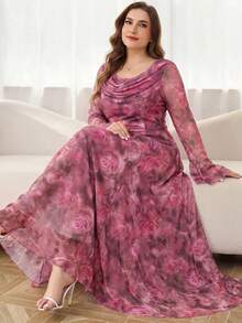 Reflora Vestido de vacaciones elegante con estampado floral, mangas con volantes y plisado, talla grande - Rosa Fucsia - Ver 5