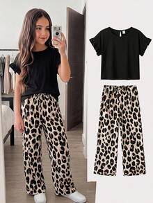SHEIN Tween女孩純黑色荷葉袖T恤上衣與豹紋長褲2件套套裝 - 黑色 - 查看 6