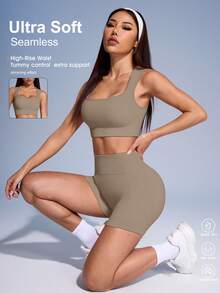 SHEIN Sovereign Charm 女款素色羅紋運動背心與短褲套裝 - 橄欖棕 - 查看 2
