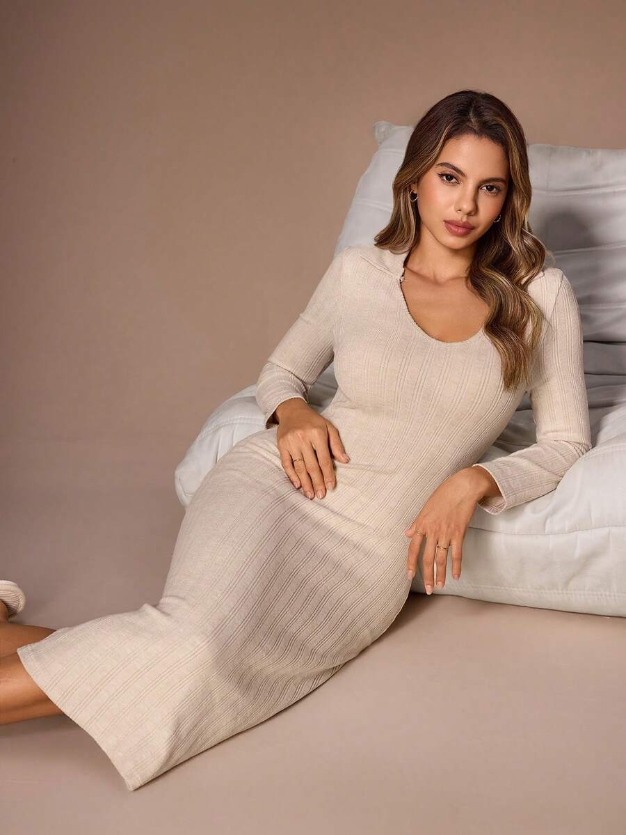 Lazeform Solid Color Knitted Long Sleeve V-Neck Fitted Nightgown, Wearable As Loungewear Dress - Apricot - View 1