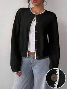 SHEIN BASICS Back To School Color-Contrast Shell Embroidery Cardigan Sweater Suitable For Autumn/Winter Outing - Black - View 1