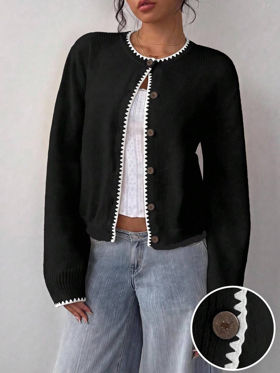 SHEIN BASICS Back To School Color-Contrast Shell Embroidery Cardigan Sweater Suitable For Autumn/Winter Outing - Black - View 1