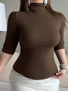 Dazy Plus Solid Color Elastic Fitted Casual Blogger Style Mock Neck 5-Sleeve Base Layer Plus Size Women Spring Summer Autumn Pullover Brown T-Shirt - Brown - View 1