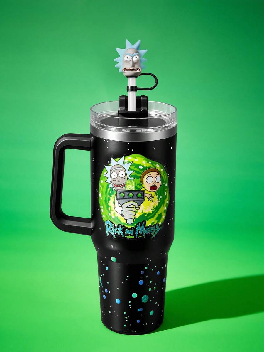Rick and Morty X SHEIN 1個 40盎司/1200ml 平底不鏽鋼雙層真空保溫杯,杯子+1個吸管組合,適用於冷熱飲品,印有星星圖案,送給朋友的絕佳禮物 - 黑色 - 查看 1