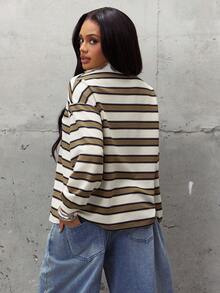 Denimoi Oversized Zip Front Polo Top Fashion Tops Fashionable Streetwear Cozy Fall Fashion Stripe Top - Multicolor - View 5