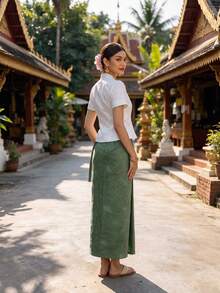Zaforene Women's Vacation Jacquard Side-Tie Elegant Rough Skirt Olive Green Summer Tyrande Party High Tea Holiday - Multicolor - View 5