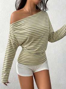 SHEIN EZwear 女款黃灰色條紋針織不對稱肩薄款運動衫，適合初秋，百搭 - 彩色 - 查看 9
