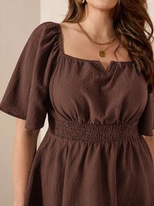 Comfylo Off-Shoulder Square Neck 2-Way Wear Flowy Hem Plus Size Blouse - Brown - View 5