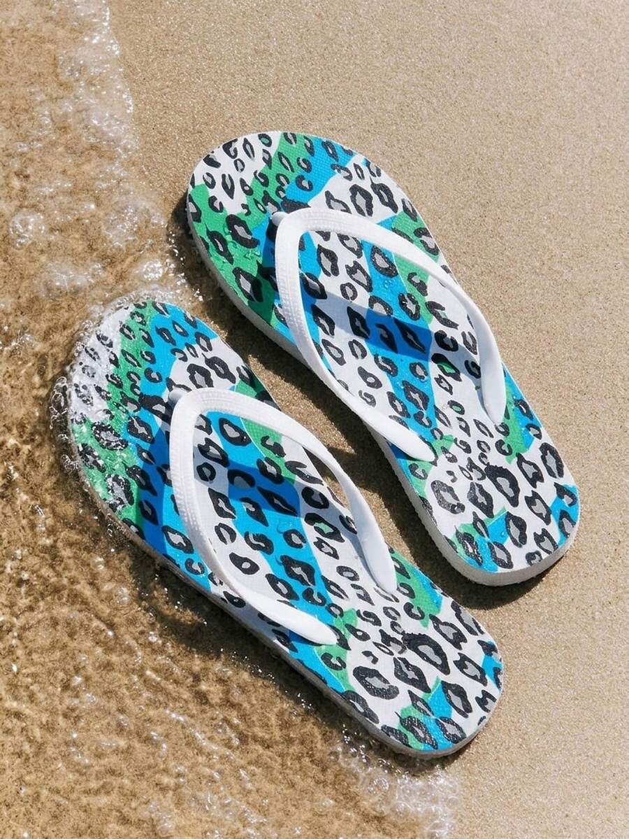 Grefit Blue-Green Contrasting Leopard Print Flip-Flops Female Summer - Blue and White - View 1