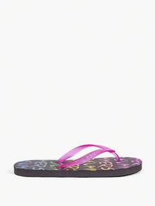 Grefit 女款夾腳拖鞋 清爽黑色彩虹字母款 螢光玫瑰粉色帶 度假沙灘拖鞋 - 塗鴉黑 - 查看 13