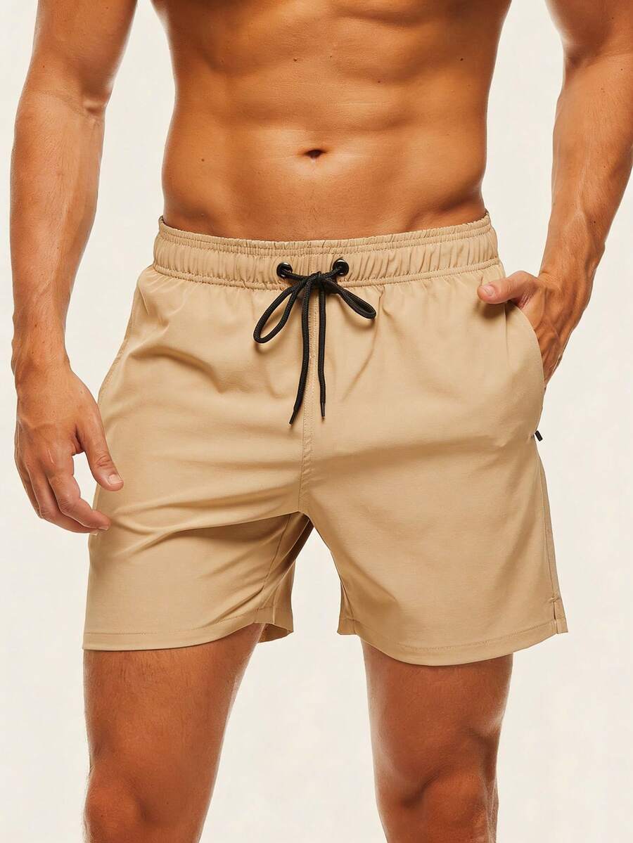Manfinity KASUA Men's Drawstring Waist Zipper Pocket Beach Shorts, Holiday - Khaki - View 1