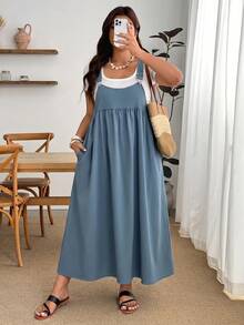 Enliva Plus Size Loose Black Strap Dress - Blue - View 9