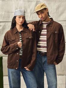 Norleigh Men Loose Fit Long Sleeve Cotton Solid Color Front Button Casual Denim Jacket, For Fall - Coffee Brown - View 5