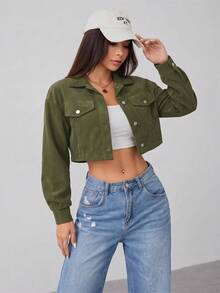SHEIN PETITE 春秋款落肩翻蓋設計短版燈芯絨黑色夾克，適合秋冬穿搭 - 軍綠色 - 查看 5