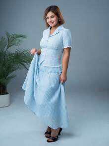 SARA VAULT Spring & Summer Lace Patchwork Loose Casual Textured Pleated Plaid Vacation Beach Cardigan Crop Top And Flared Skirt 2-Piece Set For Women Elegant - Blue - View 5