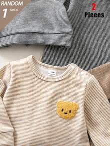 SHEIN 盲盒 3 件套 秋冬複合抓絨布條紋印花泰迪熊刺繡圖案長袖連身衣附腳褲與帽子 2 件組合熱銷款舒適柔軟睡衣居家服 - 彩色 - 查看 4