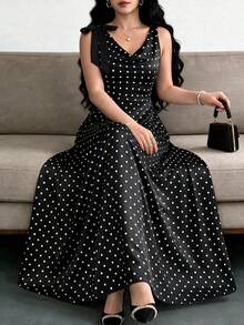Easura Gaun Wanita Ukuran Besar untuk Musim Semi/Panas/Musim Gugur, Cocok untuk Kencan, Pesta Teh, Acara Formal, Liburan, dan Perjalanan Sehari-hari, dengan Dekorasi Pita dan Leher Kerah, Model A-Line, Warna Hitam Elegan. - Hitam dan Putih - View 7
