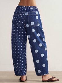 Bohemela Women's Polka Dot Print Casual Vintage Washed Long Pants Vacation Blue Polka Dot Autumn - Navy Blue - View 2