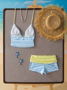 Bellisia Vintage Striped Halter V-Neck Two-Piece Swimwear, High Waist Bikini Bottom 3 Pieces Set, Beach Vacation Swimwear - Multicolor - View 7