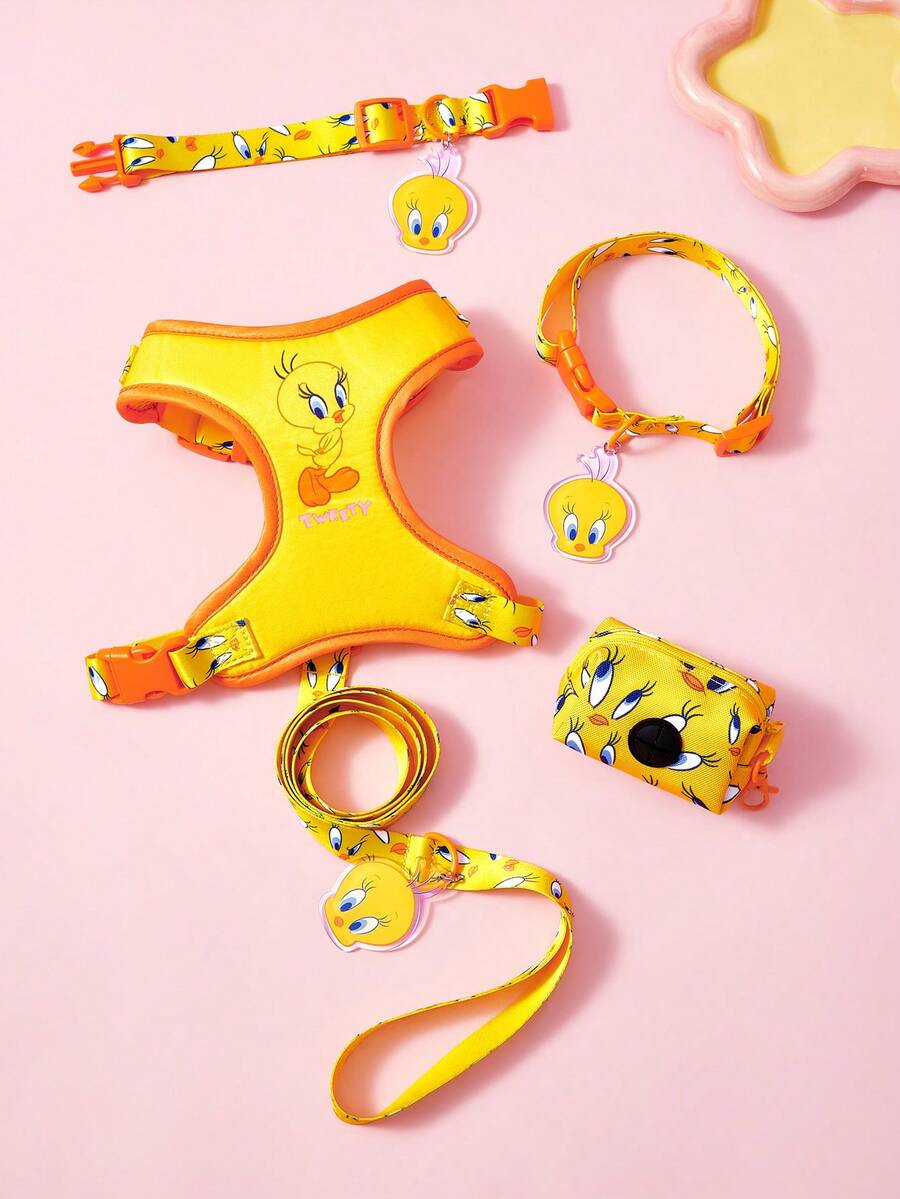 LOONEY TUNES X SHEIN 鮮黃色可愛卡通小鳥印花寵物胸背帶套裝,含牽繩、項圈與便便袋收納袋,貓狗日常散步用品 - 亮黃 - 查看 1