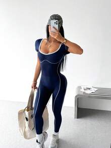 Dewbera Dewbera 1件海軍藍拼接女款運動連身褲，對比飾邊，修身剪裁，適合健身與瑜伽 - 藏蓝色 - 查看 4