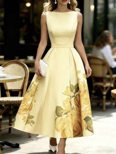 SHEIN Women's French Elegant Waist-Cinching Sleeveless Floral Print Dress, Elegant Party Dress
