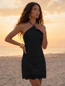 CAJUNI Women's Solid Color Fashion Halter Mini Dress For Vacation - Black - View 4