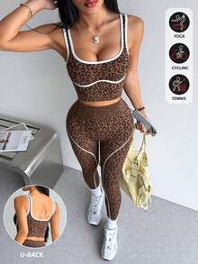 Dewbera Dewbera 2 Potong Set Olahraga, Atasan Tank Top Yoga Fitness Ketat Tanpa Jahitan, Legging Lari Olahraga Blok Warna Pinggang Tinggi - Coklat - View 2