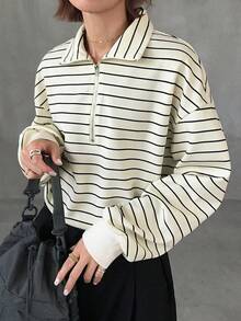 FRIFUL Kaos Wanita Model Korea Terbaru untuk Awal Musim Gugur, Motif Garis-garis, Kain Bergaris, dan Dekorasi Resleting Logam - Aprikot - View 4
