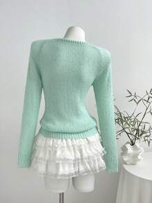 Elamini Solid Color Sequin Knit Sweater, Spring/Autumn Women's Pullover Top, Long Sleeve Bow Tie Thin Style - Mint Green - View 2