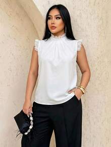 SHEIN SXY 大尺碼夏季優雅蕾絲拼接背心上衣 - 白色 - 查看 4