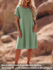 SHEIN LUNE Women Plus Size Solid Color Lace Hollow Out Sleeveless Dress - Olive Green - View 5