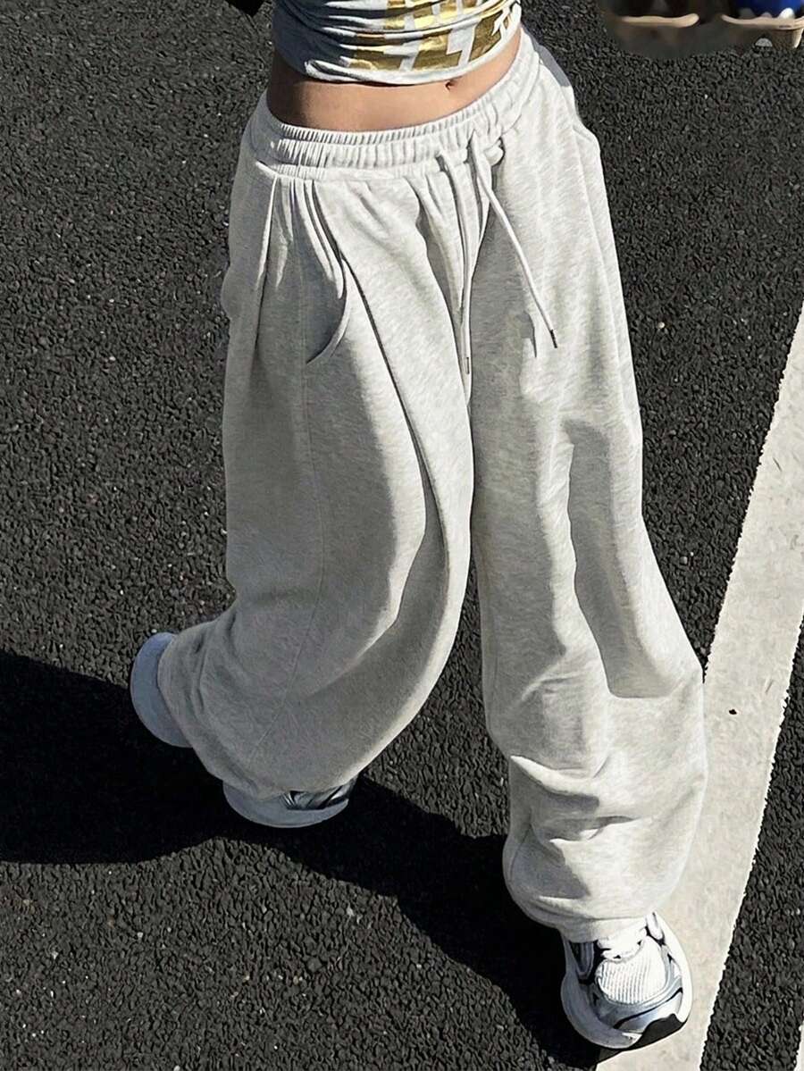 DAZY 女款素色寬鬆百褶長褲，休閒運動風運動褲，春季 - 灰色 - 查看 1