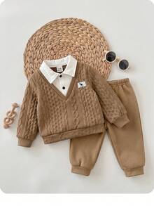SHEIN 2pcs/Set Baby Boy/Girl Autumn/Winter Casual Cute Cartoon Pattern 2 In 1 Collar Sweatshirt & Elastic Waist Black Long Pants Outfit, Suitable For Autumn/Winter Outings, Kindergarten - Khaki - View 4