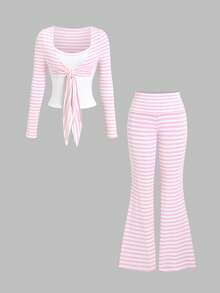 Sweetra Women's Sweet Minimalist Y2k Cute Sexy Vintage Striped Design 2 In 1 Spliced Long Sleeve Two Pieces Set Lounge Pink Stripe Autumn - Pink - View 1