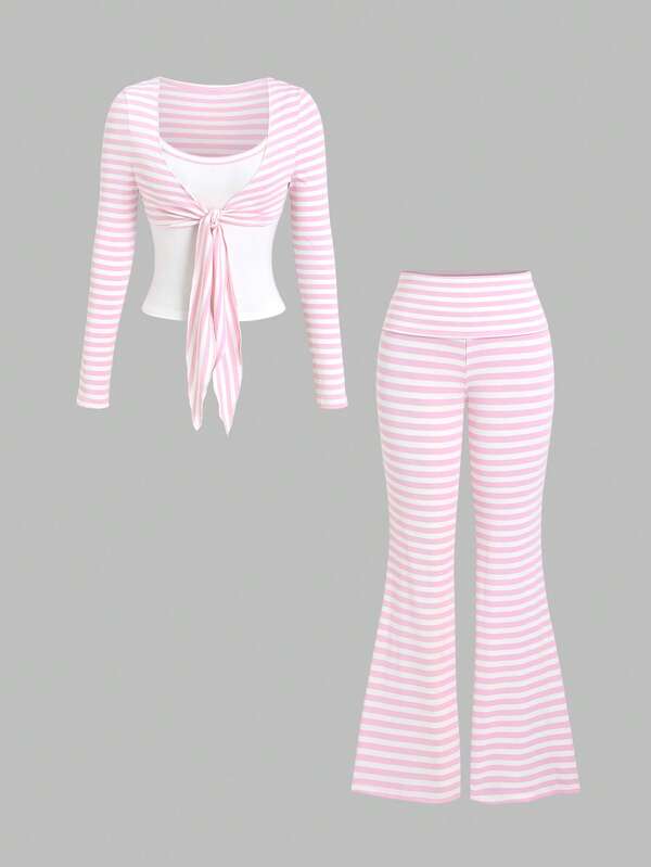 Sweetra Conjunto de dos piezas para mujer con diseño de rayas vintage, minimalista, dulce y sexy, con mangas largas y empalme 2 en 1