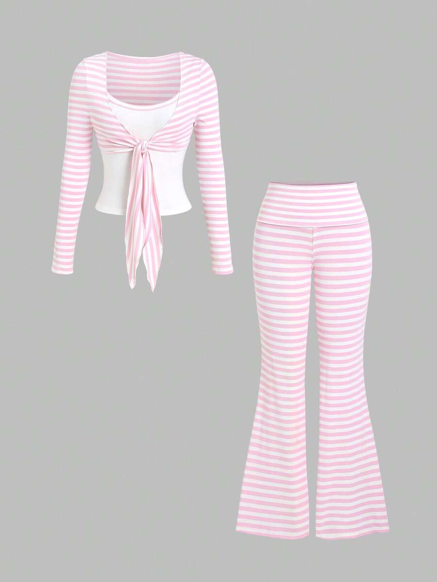 Sweetra Women's Sweet Minimalist Y2k Cute Sexy Vintage Striped Design 2 In 1 Spliced Long Sleeve Two Pieces Set Lounge Pink Stripe Autumn - Pink - View 1