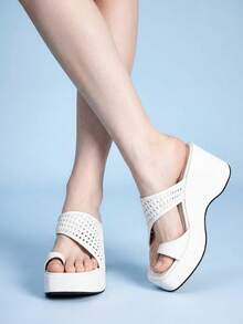 Sugerpunk Ladies, Spike Buckles, Lame-Heeled Platform Sandals. - White - View 3