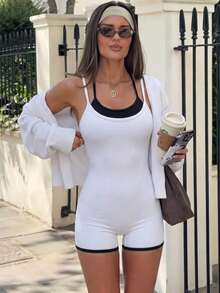 Mistrie Contrast Trim Spaghetti Strap Romper, Sexy Slim Fit Athletic Romper - Black and White - View 3