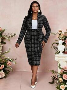 SHEIN Lady Plus Size Women's Plaid Open Front Jacket And Skirt Elegant Business Casual Suit Set Formal Office Formal Black Summer - Multicolor - View 4
