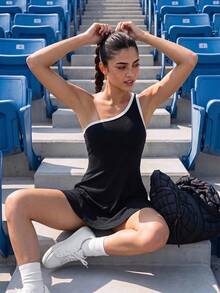 CourtClass Vestido deportivo de un solo hombro con espalda descubierta y ribete en contraste - Negro - Ver 4