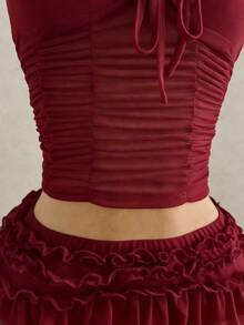 Soleia Damen Frühling/Sommer romantisches Urlaubs Chiffon plissiert rückenfrei Neckholder Top - Bordeaux - Übersicht 5