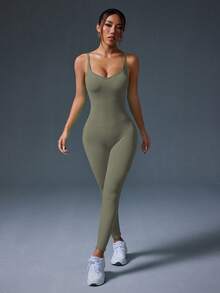 SHEIN Sports 女款素色抓皺臀部細肩帶運動連身褲 - Fresh Green - 查看 4