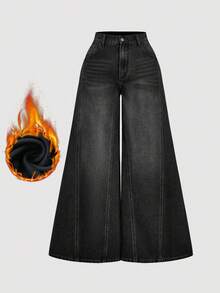 SHEIN MOD 大尺碼時尚鈕扣口袋寬鬆寬腿牛仔褲 - 黑色 - 查看 1
