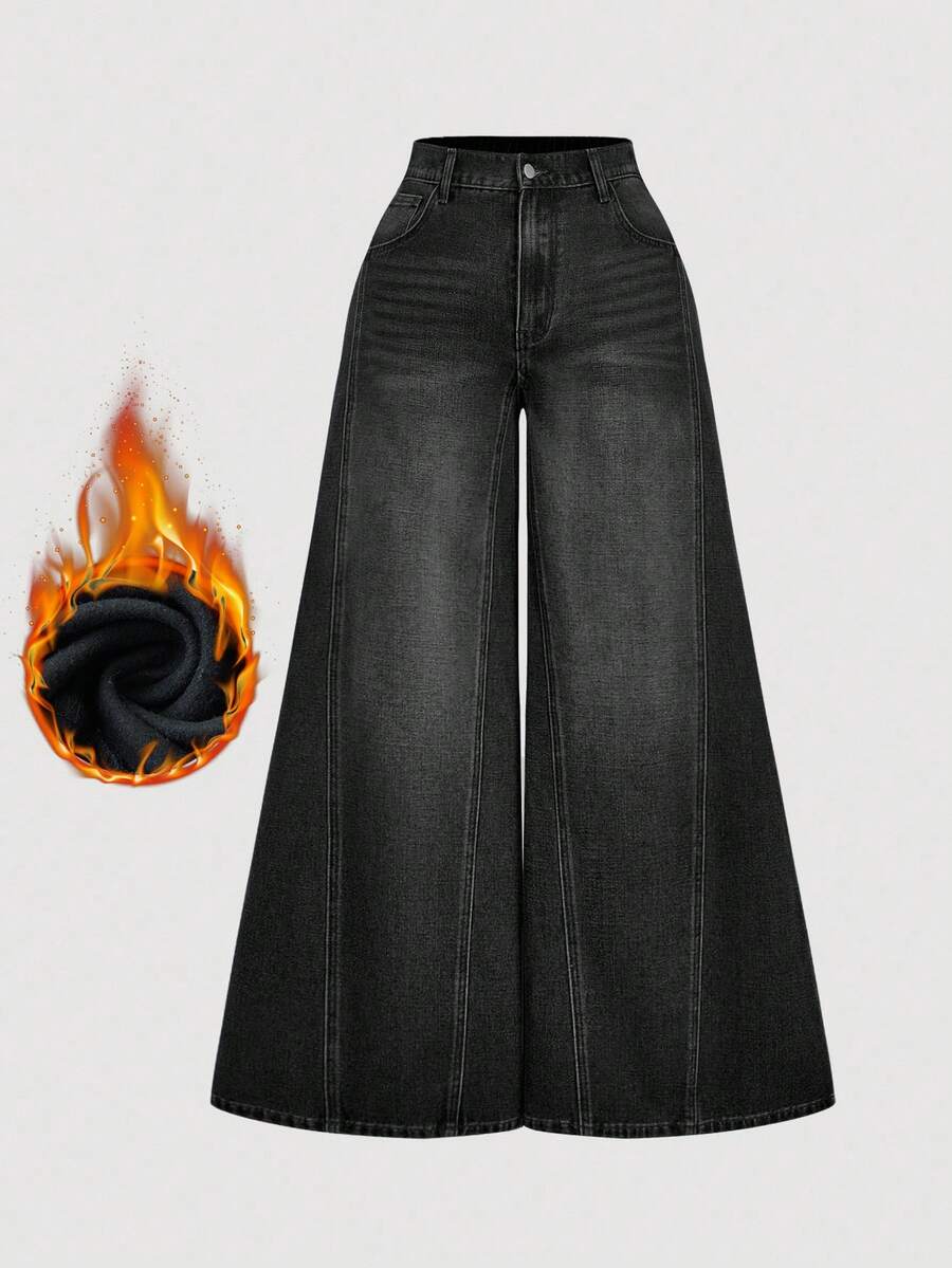 SHEIN MOD 大尺碼時尚鈕扣口袋寬鬆寬腿牛仔褲 - 黑色 - 查看 1