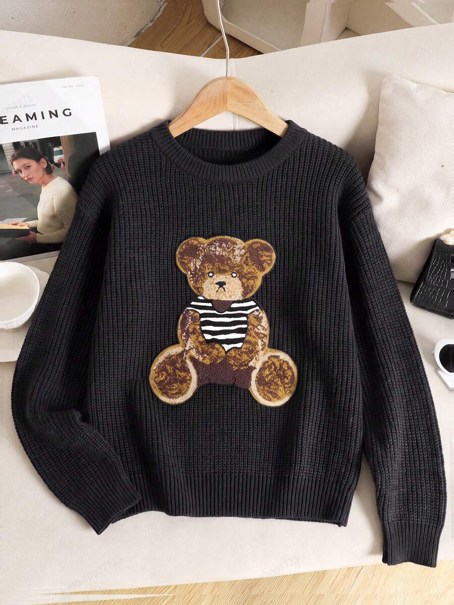 Girlism Tween Girls Sweaters Autumn/Winter Casual Black Bear 3D Patchwork Round Neck Drop Shoulder Pullover - Black - View 1
