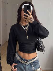 Coolane Women's Solid Color Round Neck Drop Shoulder Long Sleeve Cropped Sweatshirt - Black - View 1